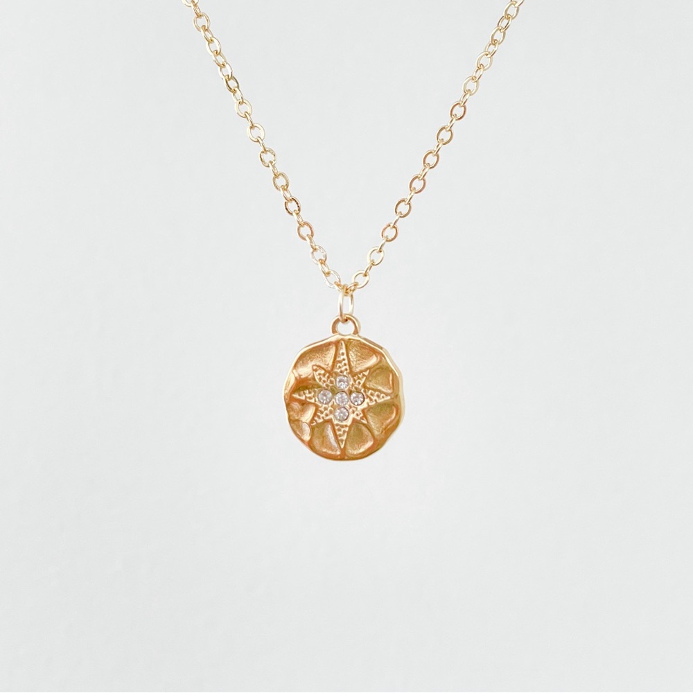 Gold filled hammered celestial North Star crystal coin necklace